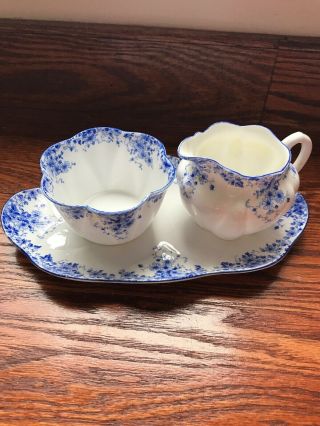 Shelley Bone China Dainty Blue Mini Creamer & Open Sugar Bowl Tray Plate Htf