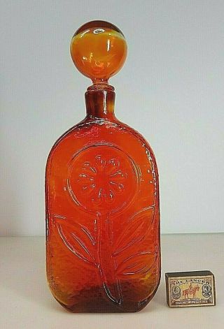 Vintage Retro Empoli Blood Orange Art Glass Like Genie Bottle,  Decanter & Stopper