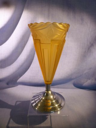 Art Deco Bagley Amber Frosted Glass Vase Chrome Stand