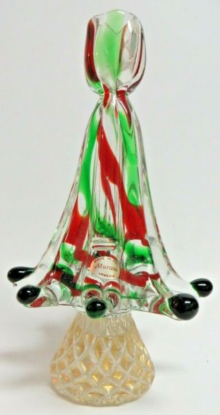 Vintage Murano Art Glass Red Green Gold Christmas Tree Candle Holder Italy