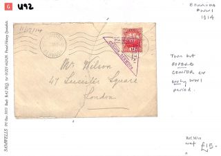 U92 1914 Bermuda Torn but Censor Ex Early WW1 period London GB PTS 3