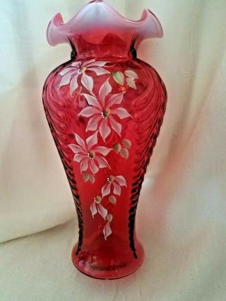 Fenton Cranberry Opalescent Feather Vase - Hand Painted C.  Riggs 11 " High