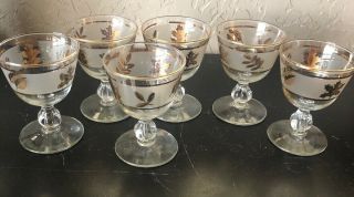 Vintage Libbey Set Of 6 Cordial Glasses Frosted With Gold Leaf 3 3/4” Tall