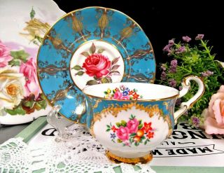 Paragon Tea Cup And Saucer Pink Rose Blue Gold Gilt Teacup Fancy Design 1950s