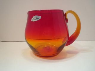 Vintage Gorgeous Blenko Amberina Tangerine Glass Pitcher Hand Blown Label Mcm