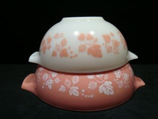 Vintage Pyrex Pink & White Gooseberry Cinderella Mixing Bowls 444 & 443,  Euc