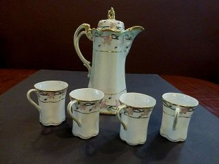 Antique Or Vtg.  Nippon Art Deco Floral Chocolate Coffee Tea Pot Lid & 4 Cups