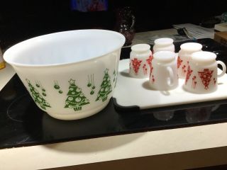 Vintage Hazel Atlas Milk Glass Christmas Tree Punch Bowl Egg Nog Set 5 Cups