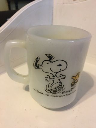 Vtg Snoopy Fire King Milk Glass Mug " At Times Life Is Pure Joy " 1965