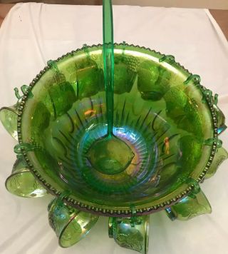 Indiana Glass Green Carnival Glass Punch Bowl With 12 Cups Ladle Hangers Grapes