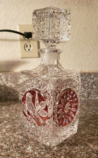 Vintage Hofbauer Red Byrdes Crystal Square Whiskey Decanter With Stopper