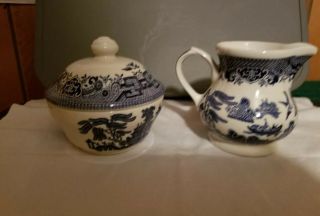 Churchill Blue Willow China Creamer & Sugar Bowl With Lid