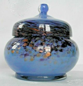 Monart Glass - Blue & Aventurine Lidded Powder Bowl - Bruised Applied Clear Foot