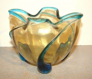 Murano Venetian Steuben Glass Topaz Amber & Blue 3 Footed Bowl Vase