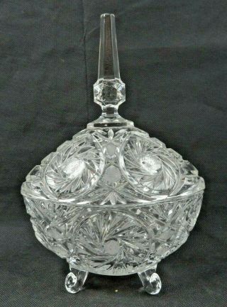 Vintage Heavy Crystal Cut Glass Footed Candy Dish W Lid