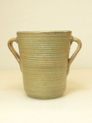 Vintage Monmouth Western Art Pottery Stoneware Ring Ribbed Handled Vase Mcm