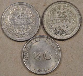 Curacao 1941 - P,  43 - P 25 Cents And 1944 - D 1/4 Gulden Better Grades As Pictured