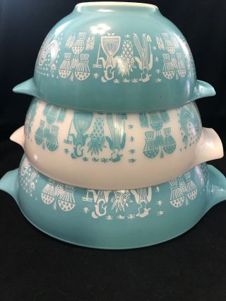Vtg Pyrex Cinderella Amish Butterprint Bowls 442 443 444 Turquoise White