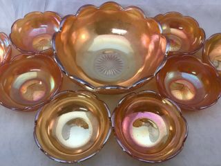 Vtg Jeanette Orange Marigold Carnival Glass Crackle Lg Fruit Bowl 7” & 8 Bowls 4