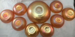 Vtg Jeanette Orange Marigold Carnival Glass Crackle Lg Fruit Bowl 7” & 8 Bowls 4 2