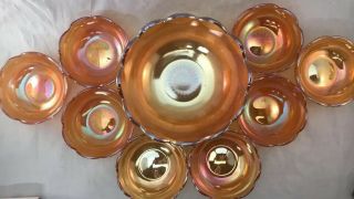 Vtg Jeanette Orange Marigold Carnival Glass Crackle Lg Fruit Bowl 7” & 8 Bowls 4 3