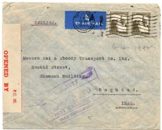 Palestine 1942 Airmail Registered,  Censor Cover To Baghdad Iraq.  Very Scarce