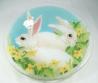 Peggy Karr Fused Glass 11 " Bunnies Bowl Signed With Leaflet Retired