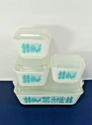 Vtg Pyrex Complete Set Amish Butter Print Blue Refrigerator Dishes 501,  502,  503