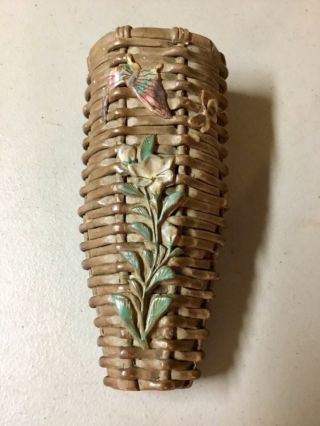 Vintage Ceramic Floral/butterfly Basket Weave Wall Pocket Made In Japan,  6 1/2”