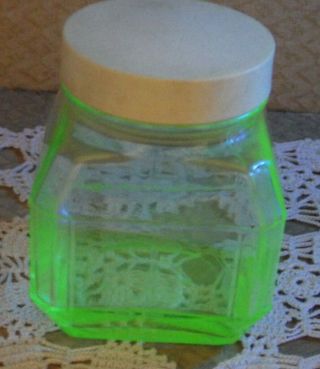 Vintage Uranium Green Depression Glass Small Storage Baby Food Jar Bakelite Lid