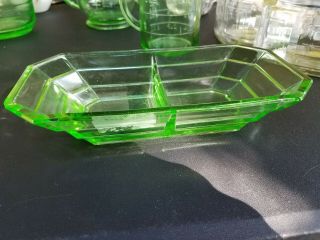 Vintage Green Depression / Vaseline Glass Divided Candy Dish / Relish Tray