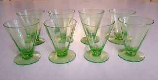 Set Of 8 Green Depression Uranium Glass Footed 3 " Tumblers Juice Cordials