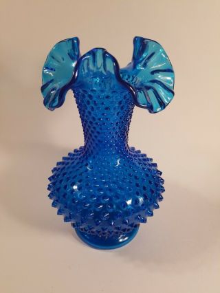 Vintage Fenton Glass Colonial Blue Hobnail Vase Ruffled Edge 10 1/2” Tall