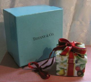 Tiffany & Co.  " Holiday " Pattern Christmas Miniature Porcelain Gift Box Ornament