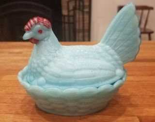 Vintage Westmoreland Blue Milk Glass Hen On Nest/basket