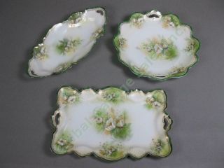 Antique Rs Prussia Green Floral Gold Trim Handled Platter Serving Bowl China Set