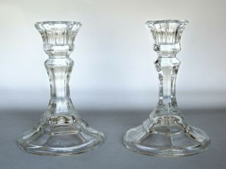 Indiana Glass Paneled Crystal Candle Holders 4.  5 " Tall Candlesticks Nos