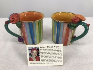 Two Striped Hand Painted Mugs By Mary Rose Young,  Artists Card