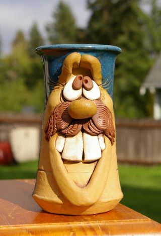 Ugly Mug Face Mustache Tongue Teeth Handmade Pottery Signed Robert Karlinsey