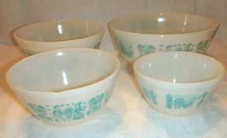 3,  1957 - 1968 Vintage Pyrex Amish Turquoise On White Nesting Bowls 4 Piece Set Ex