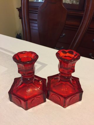 Fostoria Ruby Red Coin Set Of Candlesticks /candle Holders 4 - 1/2