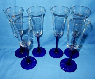 Set 6 Cobalt Blue Stem 8 5/8 " Champagne Flutes Goblet Glasses Luminarc Americana