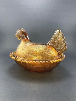 Vintage Amber Indiana Glass Hen On Nest 7 " Chicken Beaded Edge Thanksgiving Fall