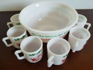 Vintage Hazel Atlas Tom & Jerry Christmas Punch Bowl & Cups Mugs Set Of 7.