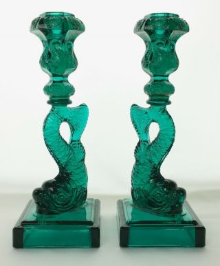 Mma Imperial Glass Koi Fish/dolphin Candlesticks Candle Holders Teal Green 70 