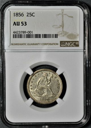 1856 25c Silver Seated Liberty Quarter,  Certified By Ngc Au53,  Ez25