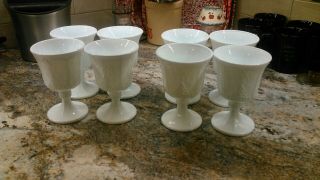 4 - Vintage White Milk Glass Water Goblets W/ Grape Design