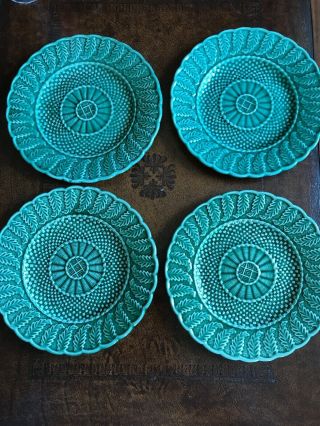 bordallo pinheiro made in portugal Basket Weave And Leaves Plates Vintage Green 2