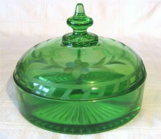Vintage Green Depression Glass Divided Candy Dish W/cut Glass Floral Pattern