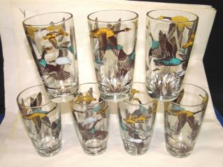 7 Mcm Mid Century Modern Geese In Flight Glass Tumblers,  Ice Tea - Water Glasses